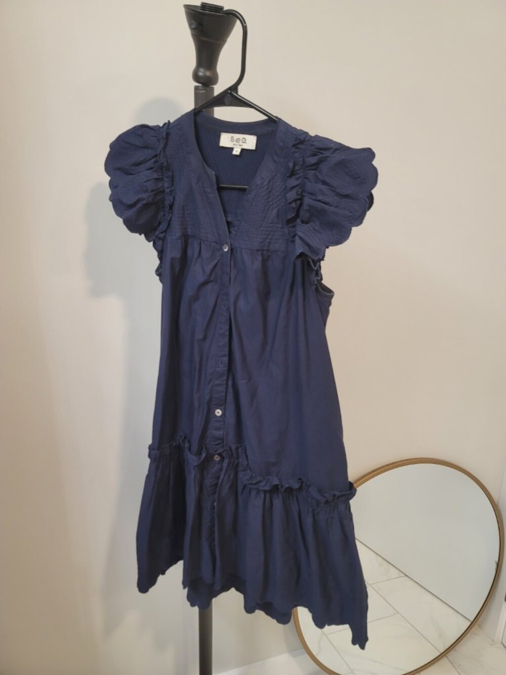 Sea New York Heidi Heart Quilt Flutter Sleeve Smocked Navy Midi Dress Sz Xs Blue